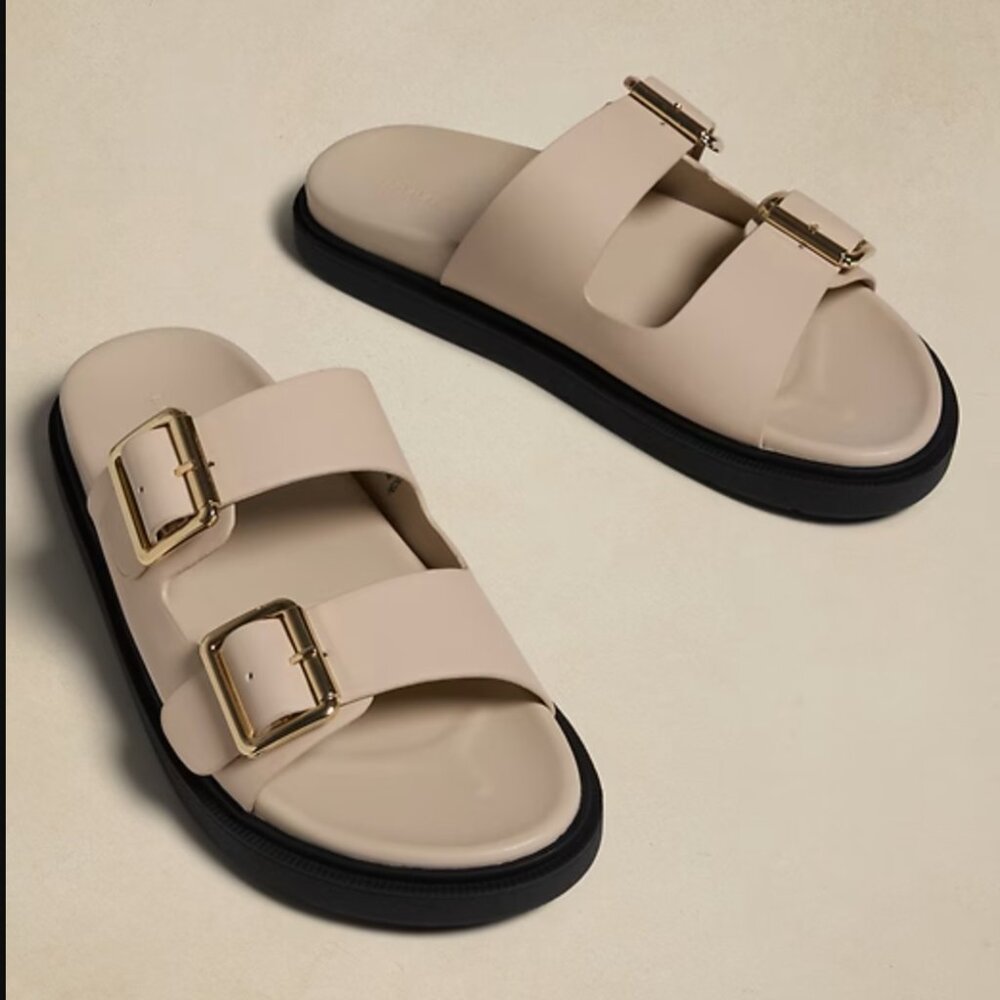 Banana Republic Double Strap Buckle Sandal Sz. 9 VEGAN leather Bone cream BNIB